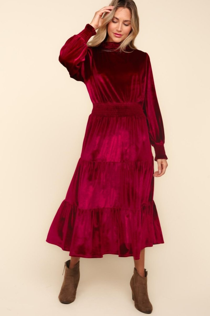 Haptics Mock Neck Smocked Waist Velvet Tiered Dress | | 3