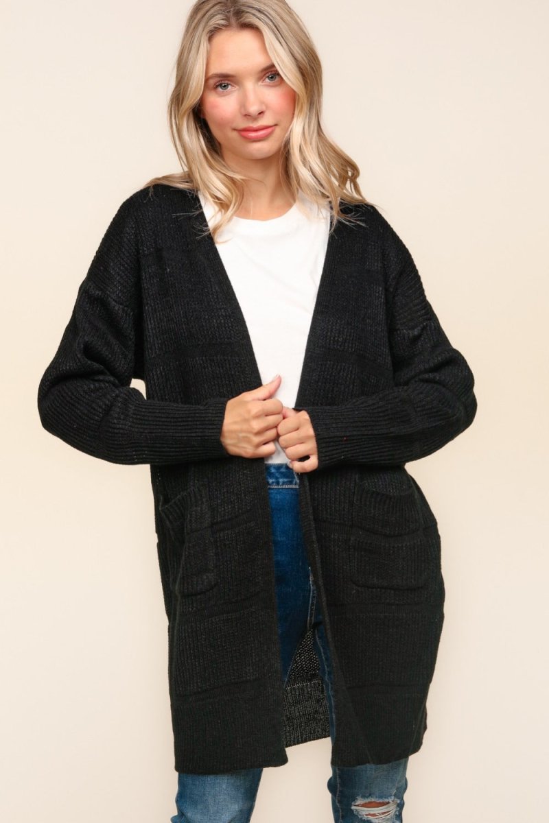 Haptics Stripe Textured Open Front Cardigan with Pockets | Cardigans | 1