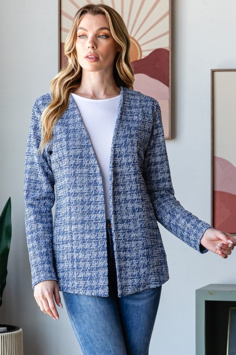 Heimish Full Size Houndstooth Tweed Open Front Blazer | Blazers | 4