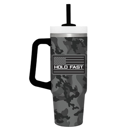 HOLD FAST 30 oz Stainless Steel Mug With Straw HF Black & Grey Camo | Stainless Steel Mugs | 1