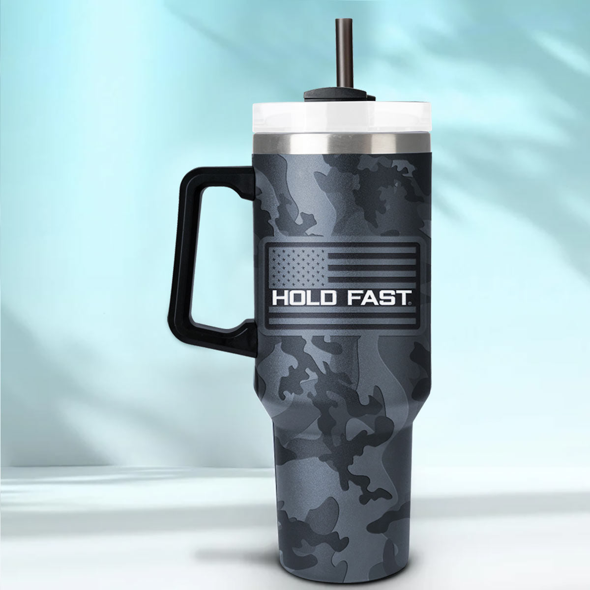 HOLD FAST 30 oz Stainless Steel Mug With Straw HF Black & Grey Camo | Stainless Steel Mugs | 3