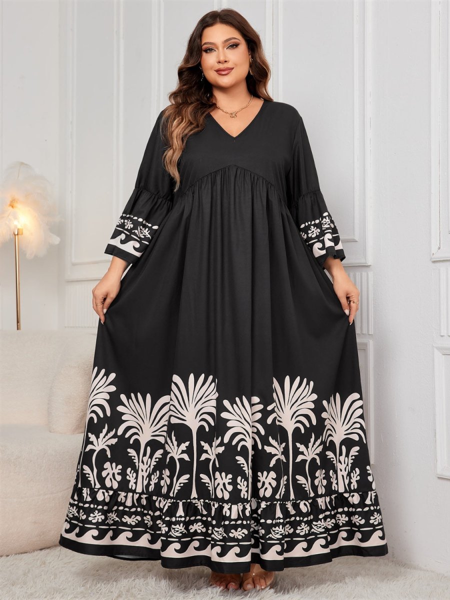 Honey Plus Size Printed V - Neck Long Sleeve Maxi Dress | Maxi Dresses | 5