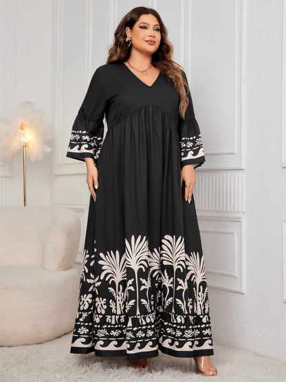 Honey Plus Size Printed V - Neck Long Sleeve Maxi Dress | Maxi Dresses | 4