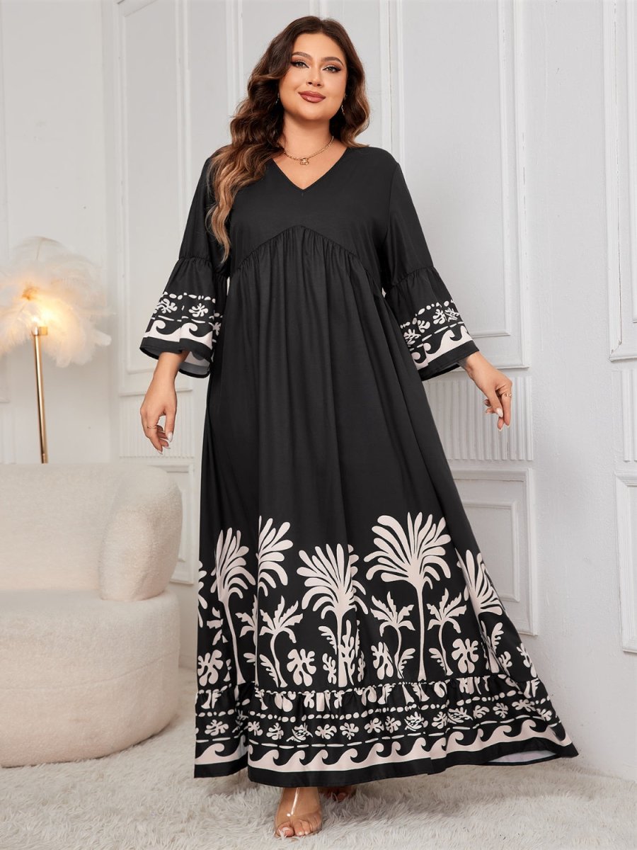 Honey Plus Size Printed V - Neck Long Sleeve Maxi Dress | Maxi Dresses | 6