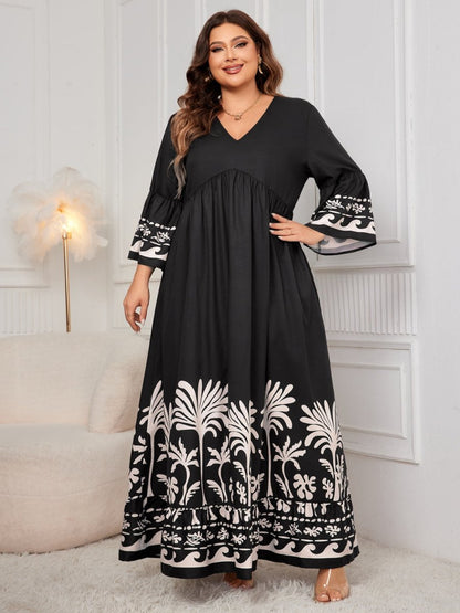 Honey Plus Size Printed V - Neck Long Sleeve Maxi Dress | Maxi Dresses | 1