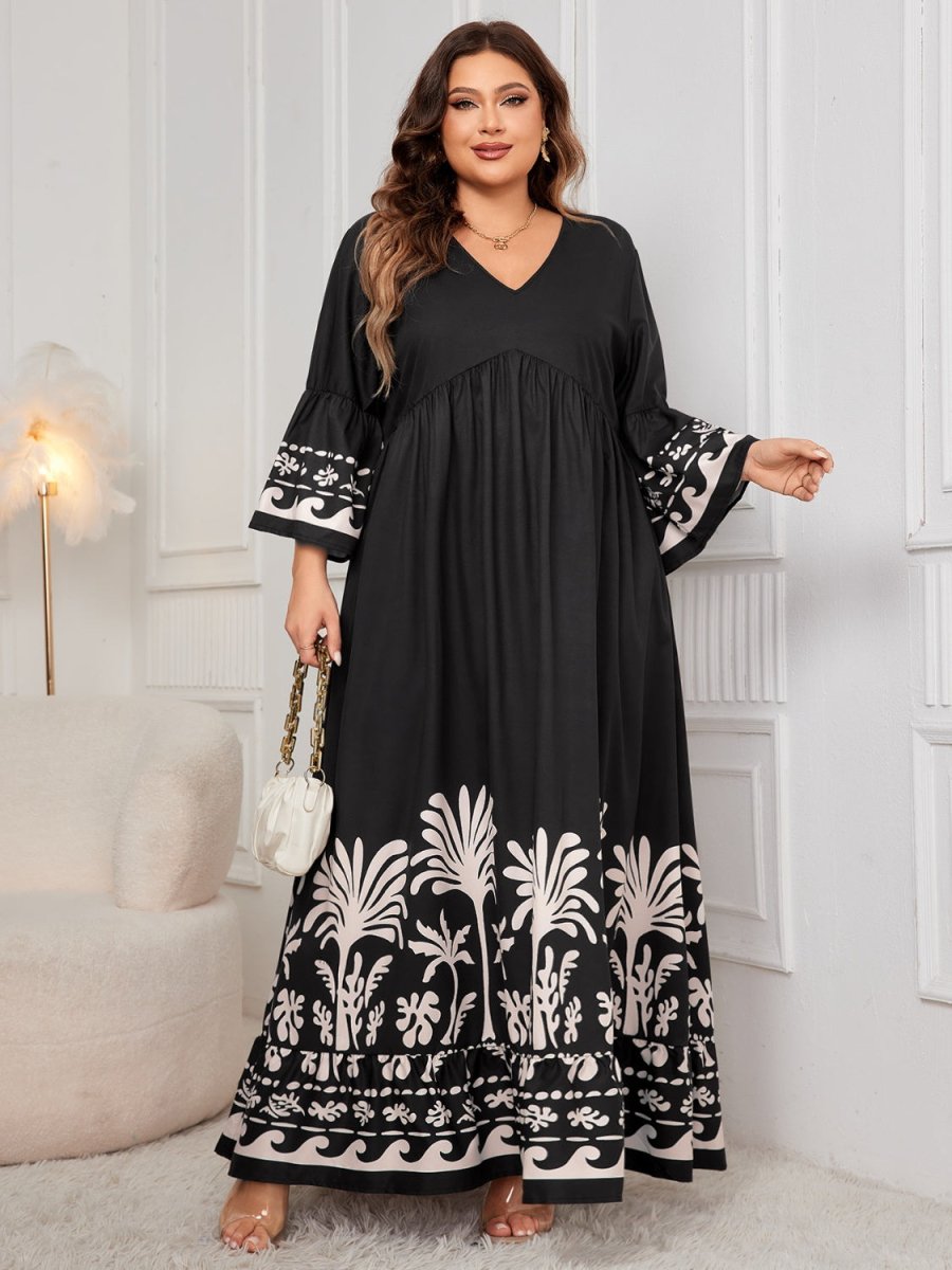 Honey Plus Size Printed V - Neck Long Sleeve Maxi Dress | Maxi Dresses | 3