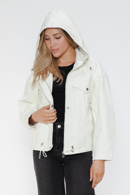 How Dare U Drawstring Hem PU Leather Zip Up Jacket | Jackets | 12