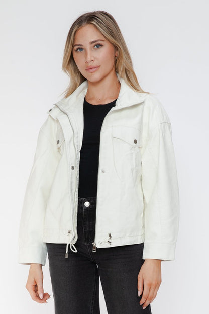 How Dare U Drawstring Hem PU Leather Zip Up Jacket | Jackets | 15