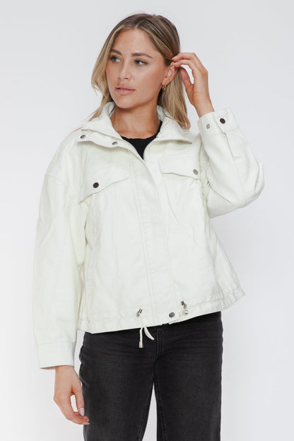 How Dare U Drawstring Hem PU Leather Zip Up Jacket | Jackets | 25