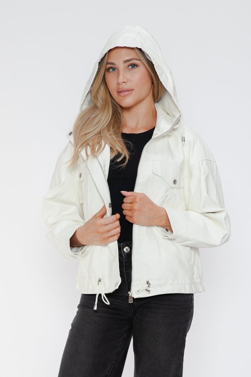 How Dare U Drawstring Hem PU Leather Zip Up Jacket | Jackets | 14