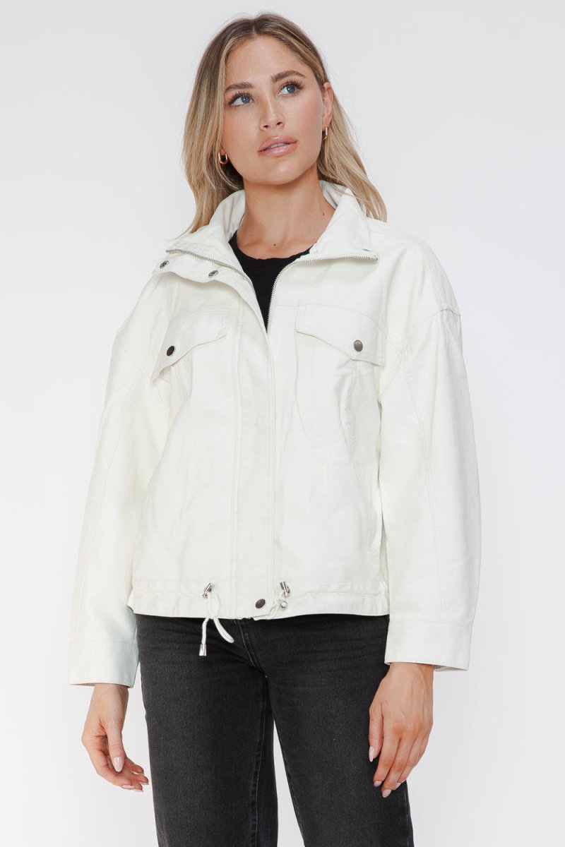 How Dare U Drawstring Hem PU Leather Zip Up Jacket | Jackets | 24