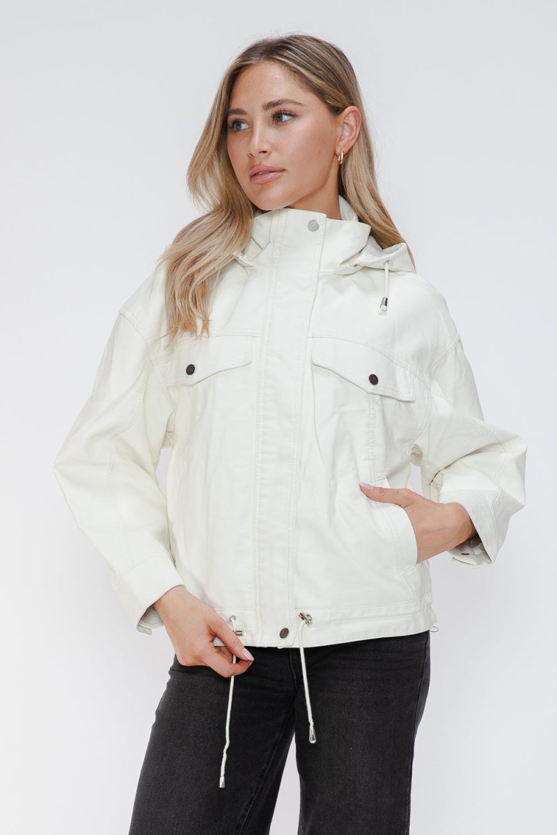 How Dare U Drawstring Hem PU Leather Zip Up Jacket | Jackets | 4