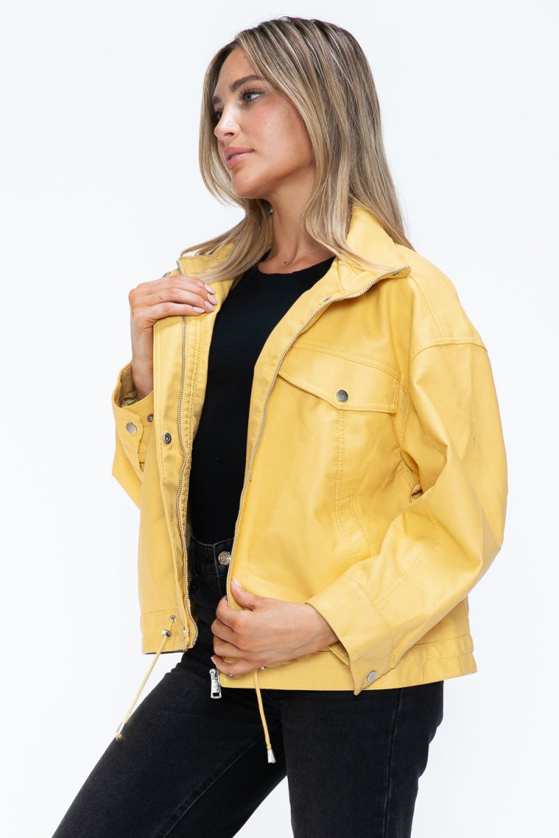 How Dare U Drawstring Hem PU Leather Zip Up Jacket | Jackets | 12