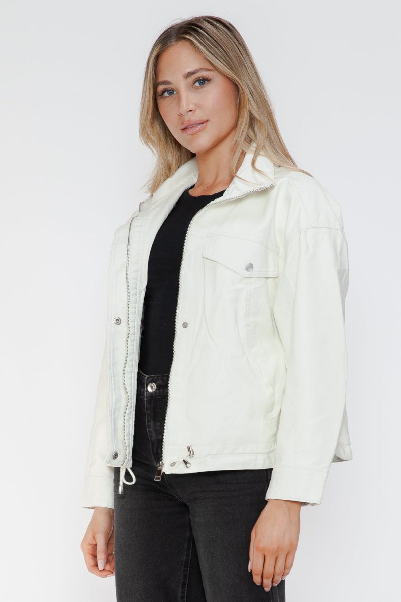 How Dare U Drawstring Hem PU Leather Zip Up Jacket | Jackets | 20