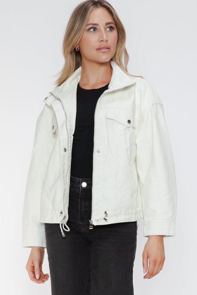 How Dare U Drawstring Hem PU Leather Zip Up Jacket | Jackets | 16