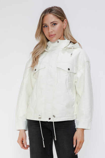 How Dare U Drawstring Hem PU Leather Zip Up Jacket | Jackets | 5