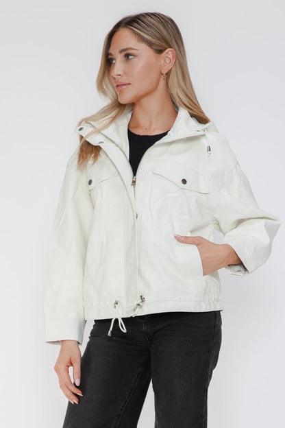 How Dare U Drawstring Hem PU Leather Zip Up Jacket | Jackets | 10