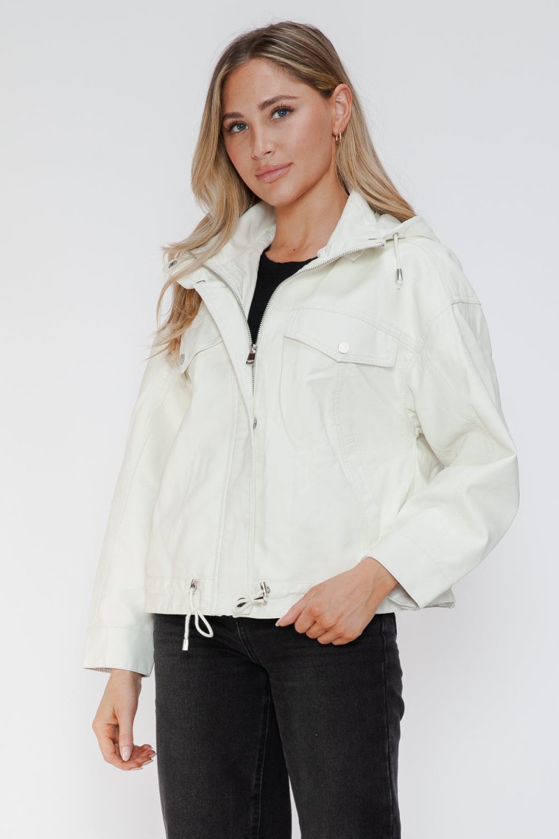 How Dare U Drawstring Hem PU Leather Zip Up Jacket | Jackets | 9