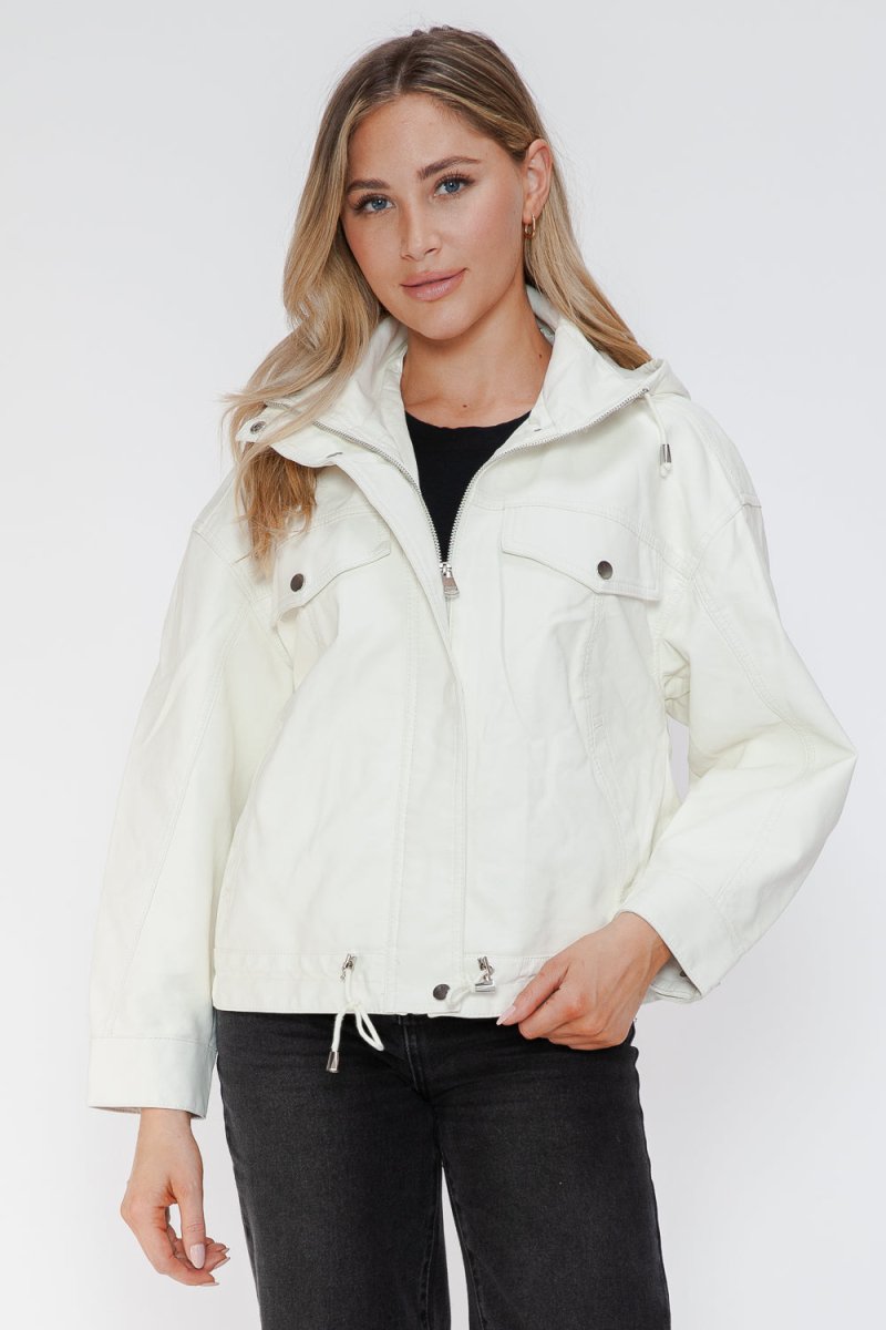 How Dare U Drawstring Hem PU Leather Zip Up Jacket | Jackets | 7