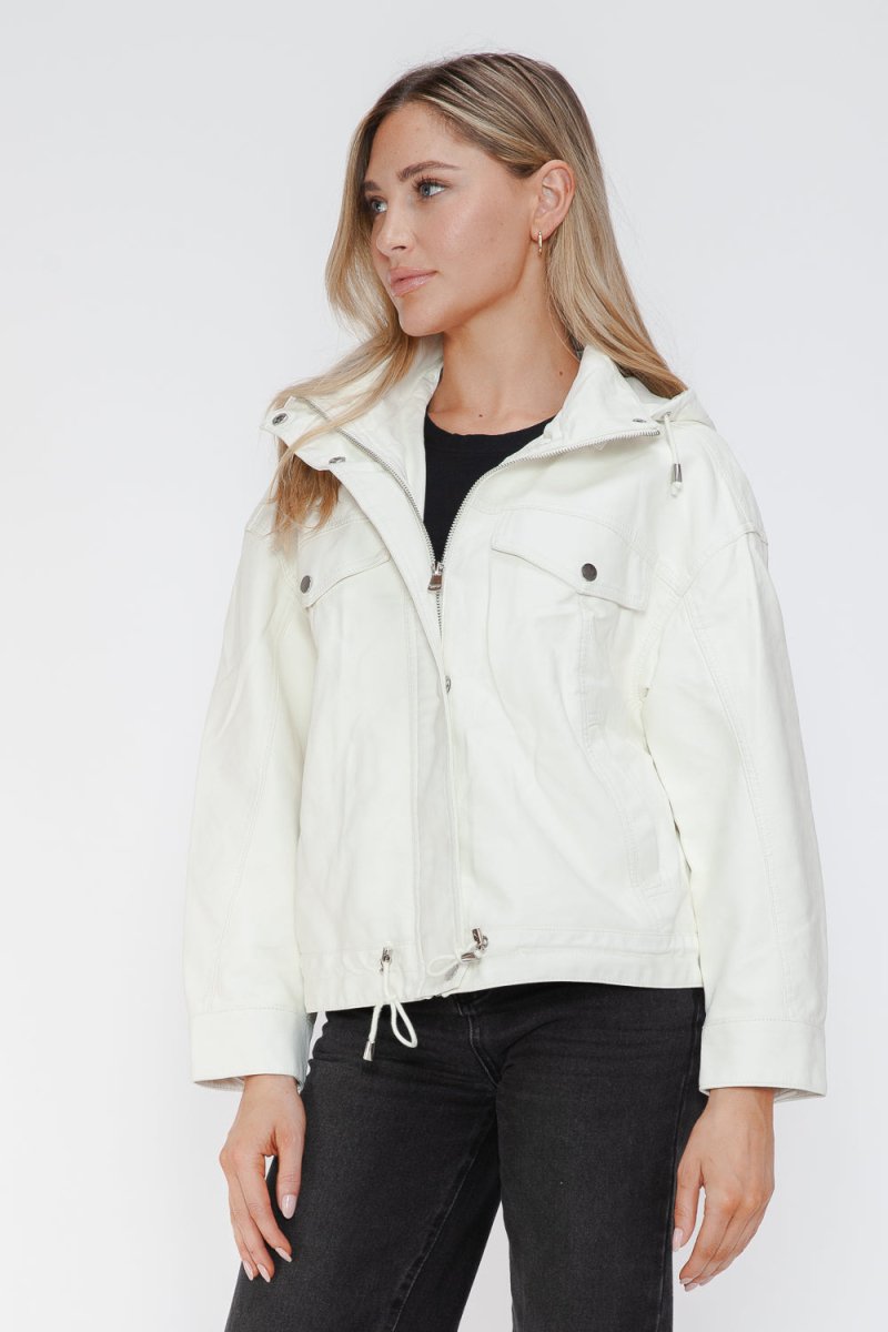 How Dare U Drawstring Hem PU Leather Zip Up Jacket | Jackets | 11