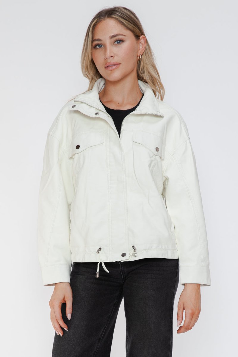 How Dare U Drawstring Hem PU Leather Zip Up Jacket | Jackets | 23