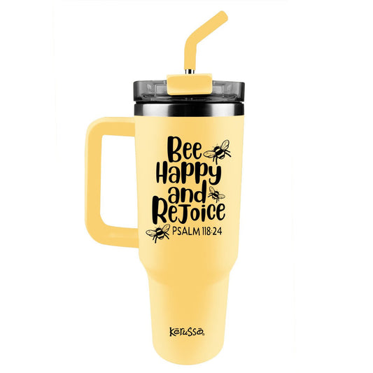 Kerusso 40 oz Stainless Steel Mug With Straw Bee Happy And Rejoice | Mugs | 1