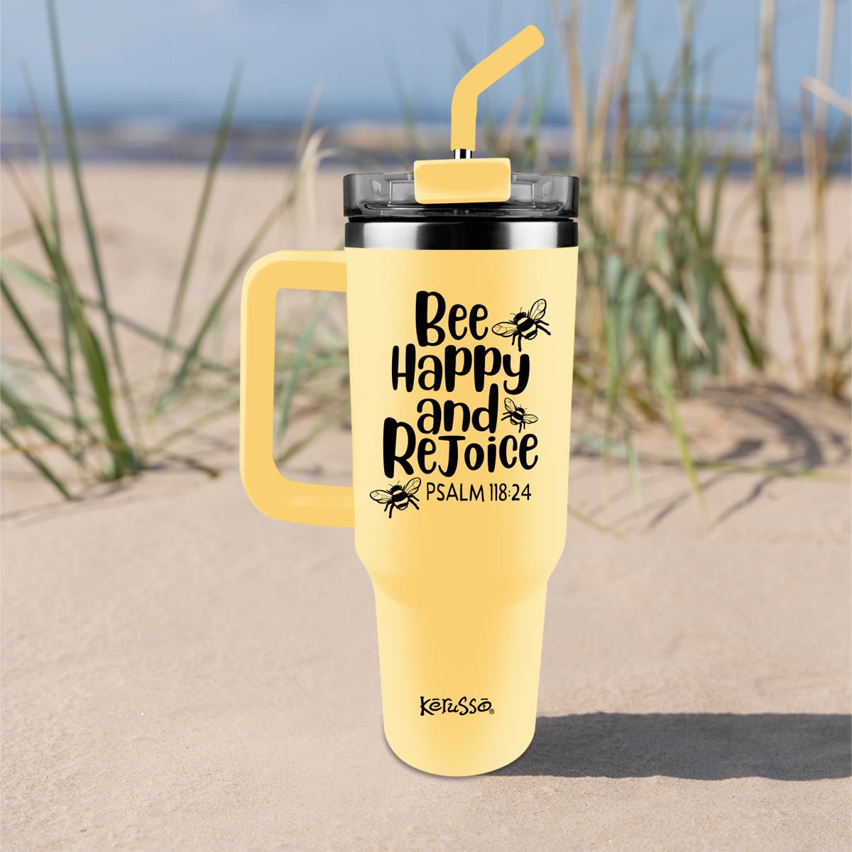 Kerusso 40 oz Stainless Steel Mug With Straw Bee Happy And Rejoice | Mugs | 3