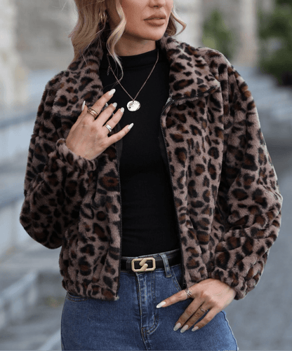 Leopard Collared Neck Zip Up Jacket | Jackets | 10