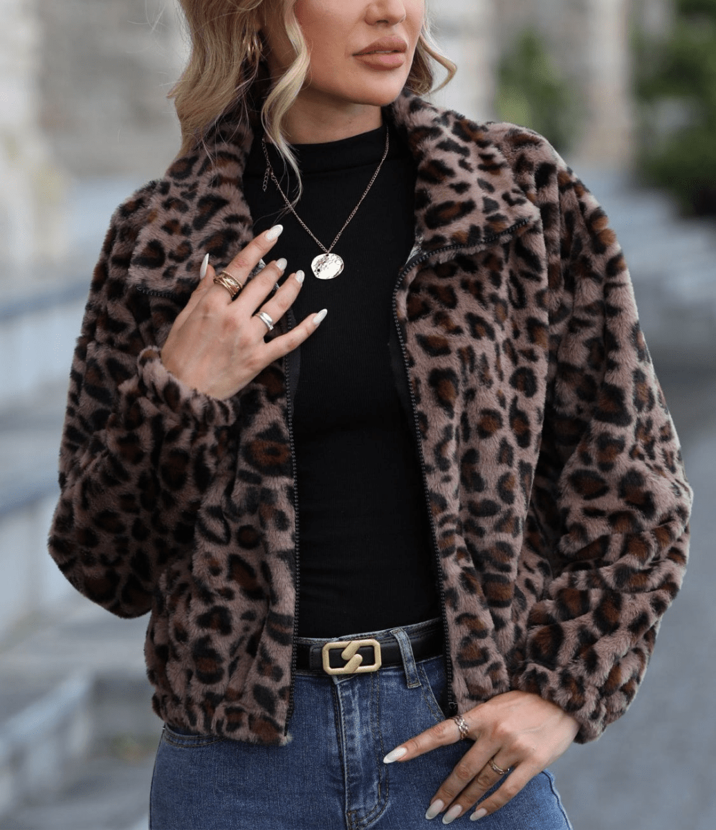 Leopard Collared Neck Zip Up Jacket | Jackets | 9