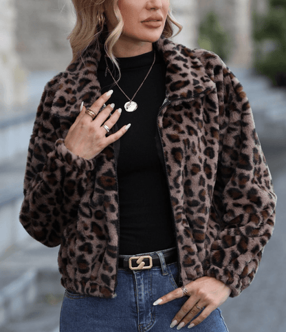 Leopard Collared Neck Zip Up Jacket | Jackets | 9