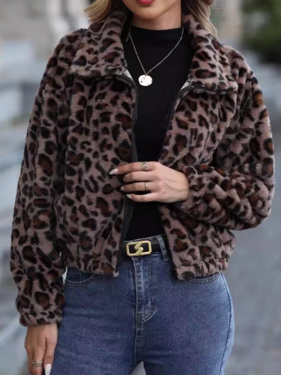 Leopard Collared Neck Zip Up Jacket | Jackets | 1