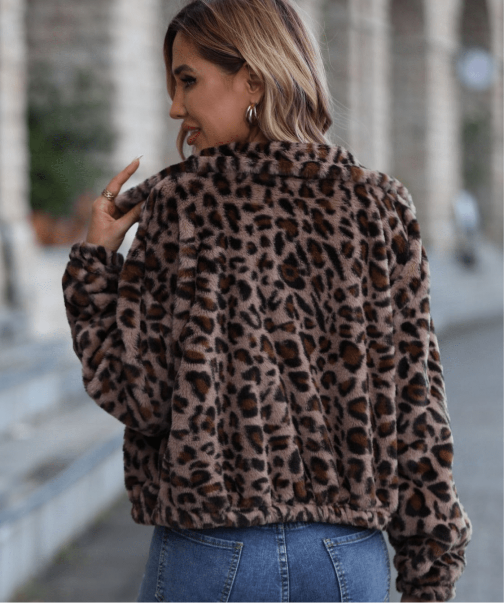 Leopard Collared Neck Zip Up Jacket | Jackets | 7