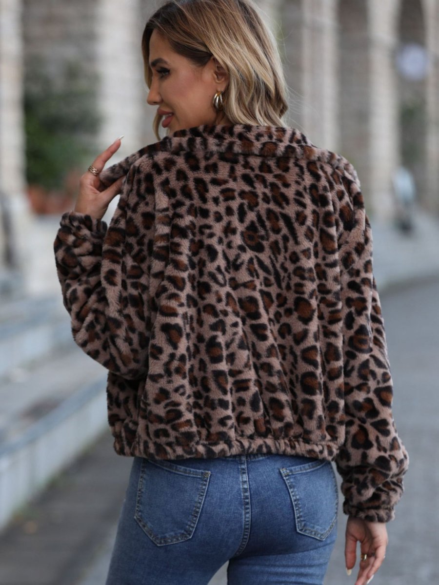 Leopard Collared Neck Zip Up Jacket | Jackets | 2