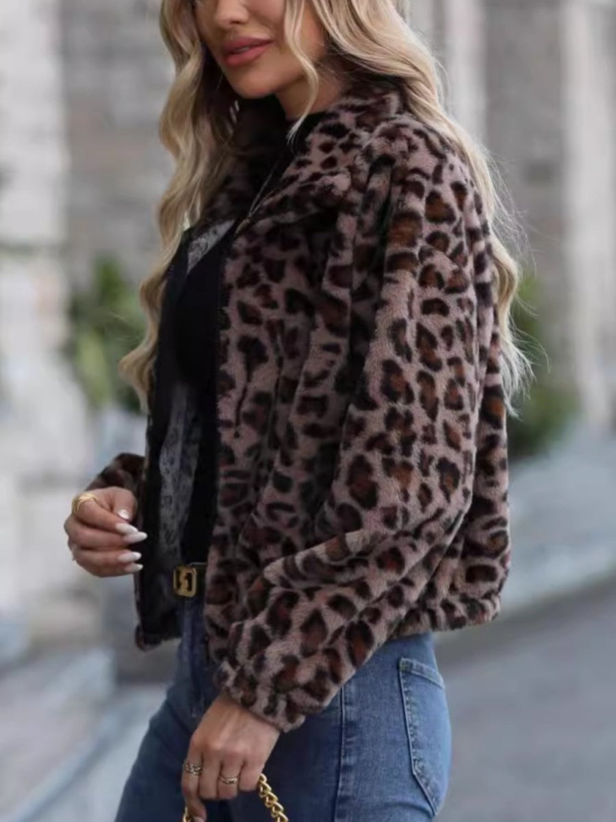 Leopard Collared Neck Zip Up Jacket | Jackets | 3