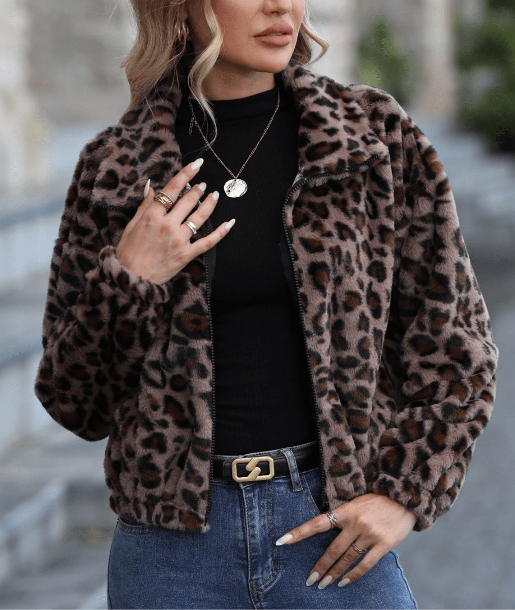 Leopard Collared Neck Zip Up Jacket | Jackets | 11