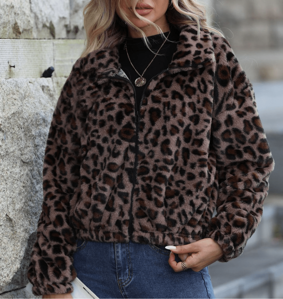 Leopard Collared Neck Zip Up Jacket | Jackets | 8