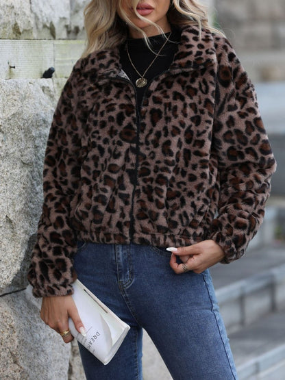 Leopard Collared Neck Zip Up Jacket | Jackets | 4