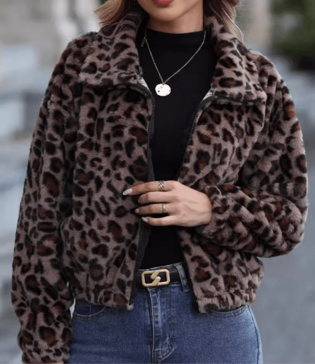 Leopard Collared Neck Zip Up Jacket | Jackets | 6