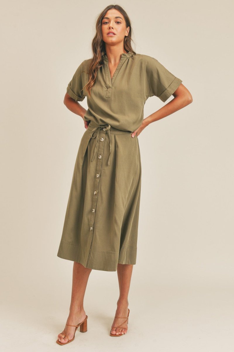 MABLE Short Sleeve Top and Button Down Midi Skirt Set | Skirt Sets | 4