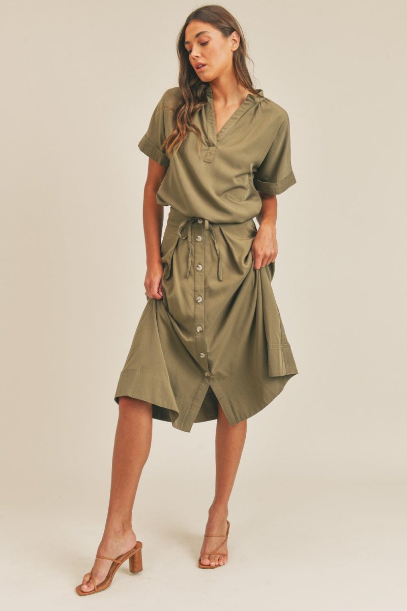 MABLE Short Sleeve Top and Button Down Midi Skirt Set | Skirt Sets | 1