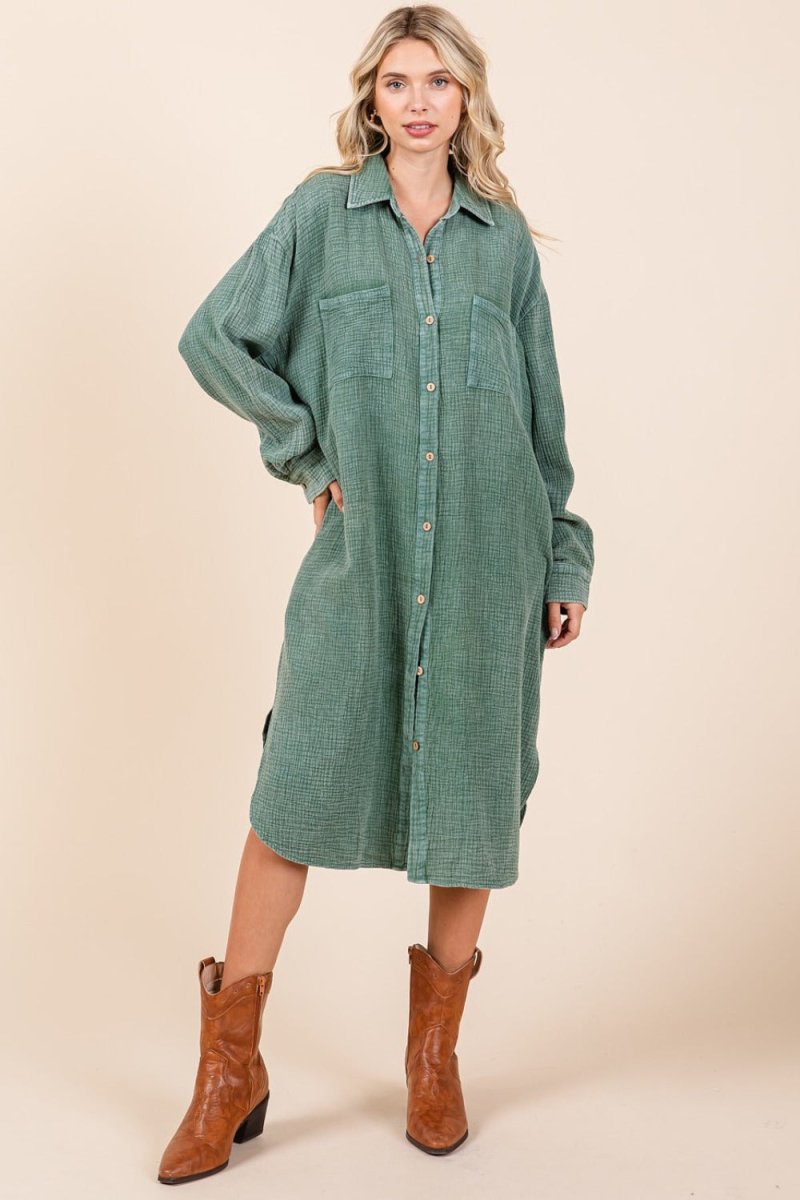 Mittoshop Mineral Wash Cotton Gauze Midi Shirt Dress | | 1