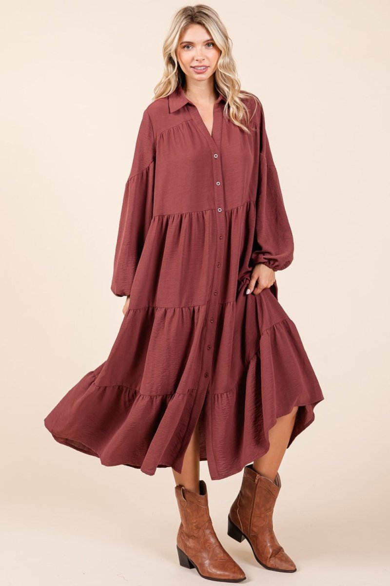 Mittoshop Tiered Button Down Long Sleeve Midi Dress | Midi Dresses | 4