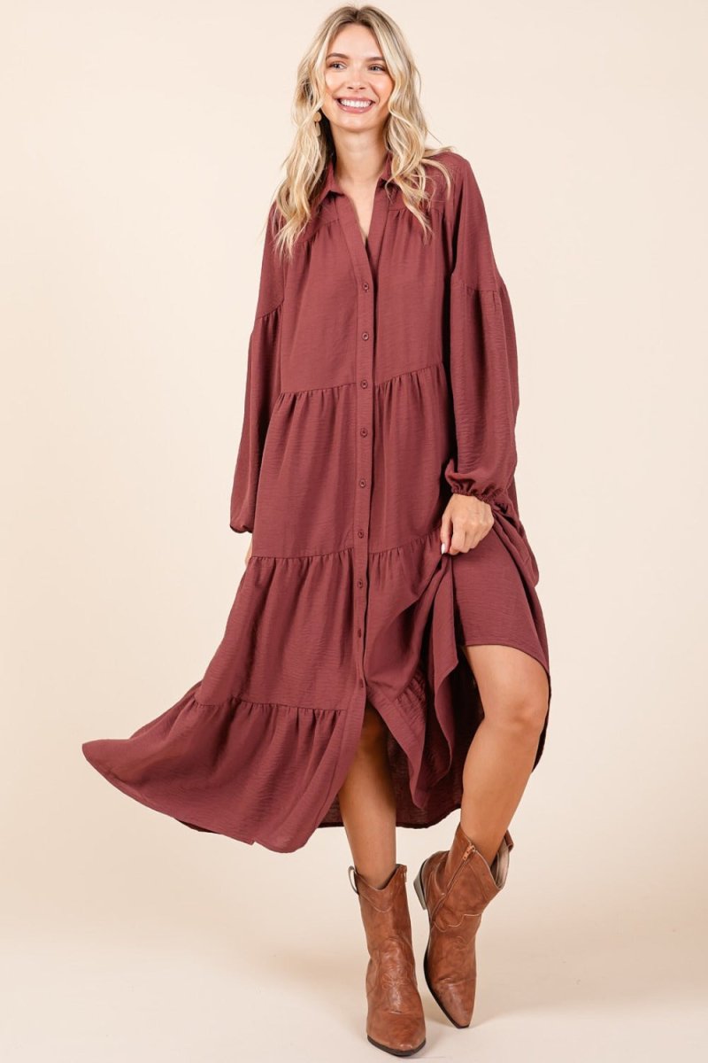 Mittoshop Tiered Button Down Long Sleeve Midi Dress | Midi Dresses | 1