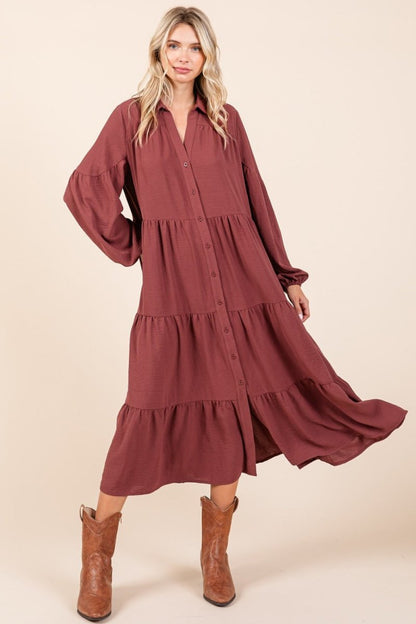 Mittoshop Tiered Button Down Long Sleeve Midi Dress | Midi Dresses | 3