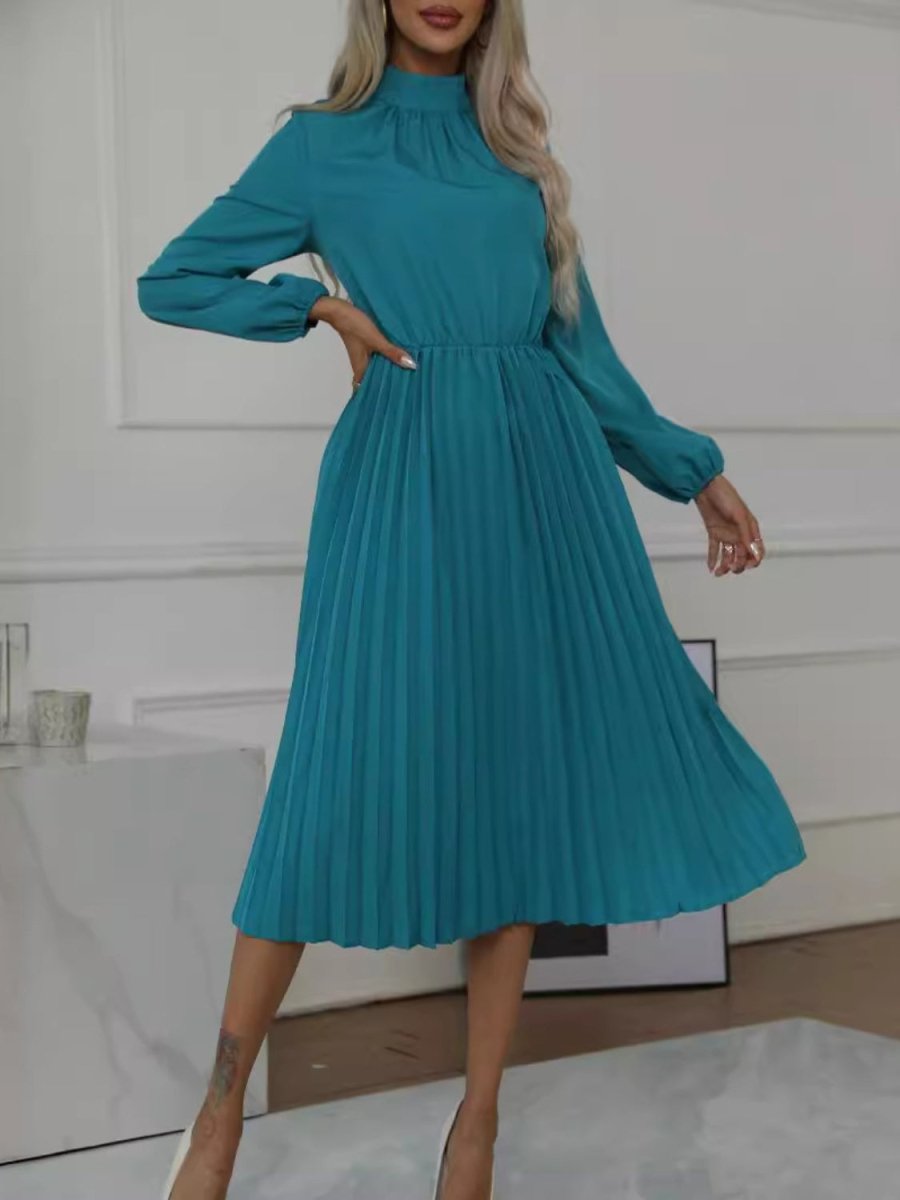 Mock Neck Long Sleeve Pleated Dress | Midi Dresses | 1