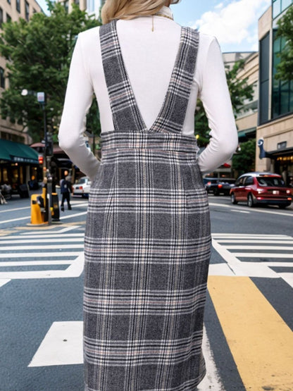 Perfee Pocketed Plaid Overall Dress | Midi Dresses | 2