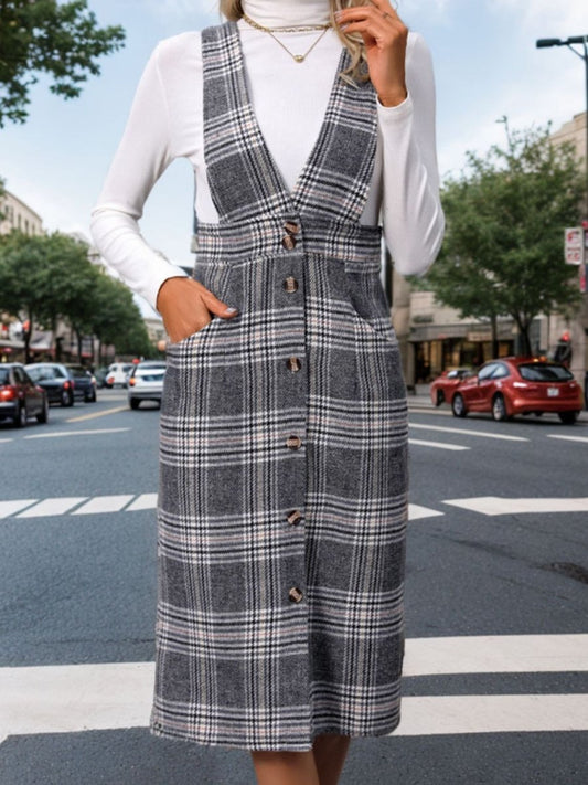 Perfee Pocketed Plaid Overall Dress | Midi Dresses | 1