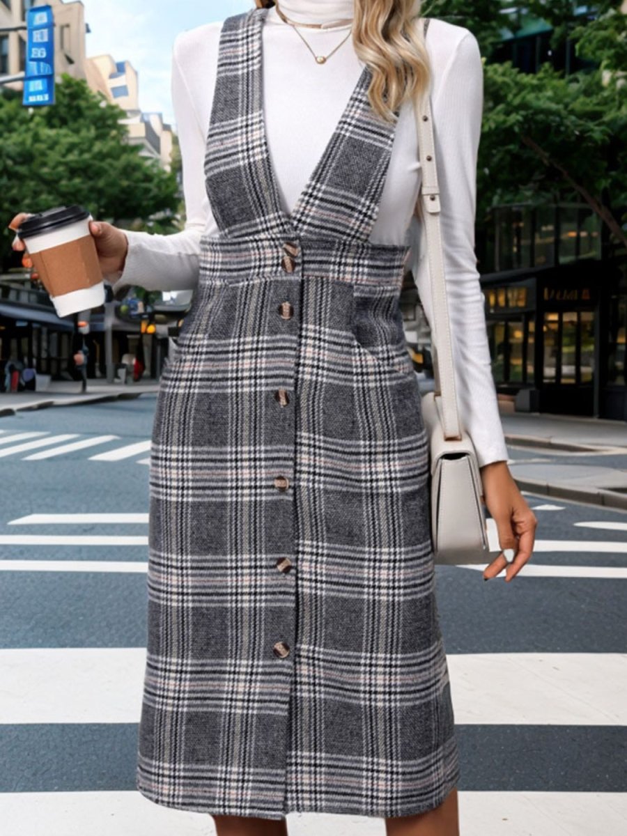 Perfee Pocketed Plaid Overall Dress | Midi Dresses | 4