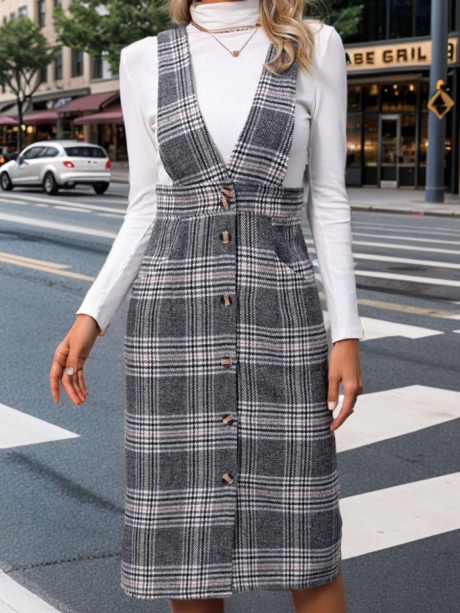 Perfee Pocketed Plaid Overall Dress | Midi Dresses | 3