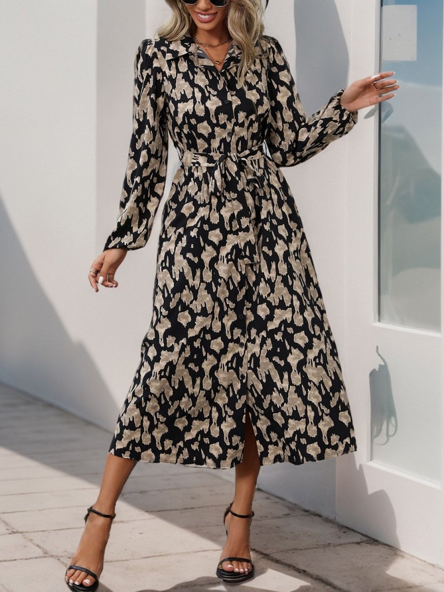 Perfee Printed Long Sleeve Midi Dress | Midi Dresses | 1